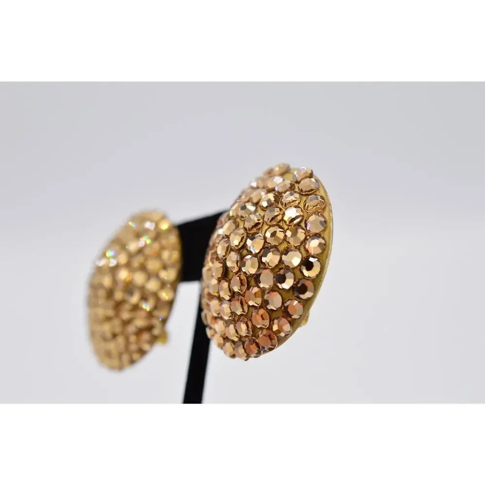 Vintage Crystal Clip Earrings Sparkling Brown Rhinestone Round Chunky 1980s 9L
